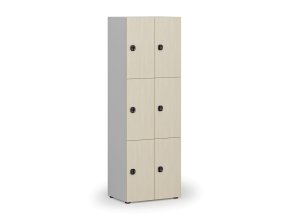 Dřevěná šatní skříňka s úložnými boxy, 6 boxů, kódový zámek, šedá/bříza