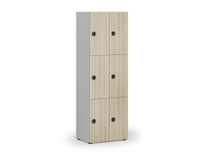 Dřevěná šatní skříňka s úložnými boxy, 6 boxů, kódový zámek, šedá/dub přírodní