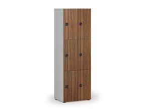 Dřevěná šatní skříňka s úložnými boxy, 6 boxů, kódový zámek, šedá/ořech