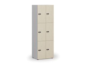 Dřevěná šatní skříňka s úložnými boxy, 6 boxů, mechanický kódový zámek, šedá/bříza