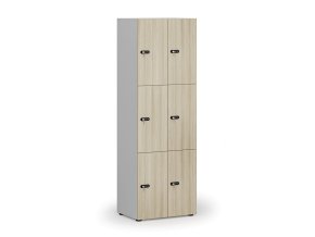 Dřevěná šatní skříňka s úložnými boxy, 6 boxů, mechanický kódový zámek, šedá/dub přírodní