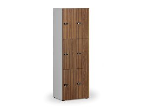 Dřevěná šatní skříňka s úložnými boxy, 6 boxů, mechanický kódový zámek, šedá/ořech
