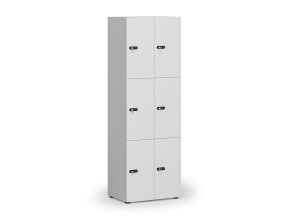 Dřevěná šatní skříňka s úložnými boxy, 6 boxů, mechanický kódový zámek, šedá/bílá