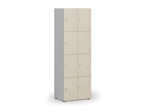 Dřevěná šatní skříňka s úložnými boxy, 8 boxů, cylindrický zámek, šedá/bříza