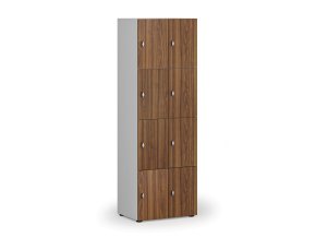Dřevěná šatní skříňka s úložnými boxy, 8 boxů, otočný zámek, šedá/ořech