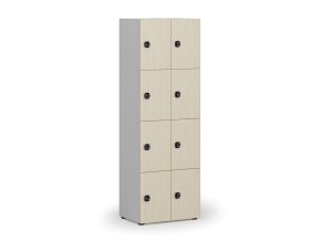 Dřevěná šatní skříňka s úložnými boxy, 8 boxů, kódový zámek, šedá/bříza