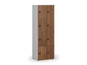 Dřevěná šatní skříňka s úložnými boxy, 8 boxů, kódový zámek, šedá/ořech
