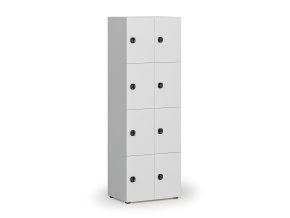 Dřevěná šatní skříňka s úložnými boxy, 8 boxů, kódový zámek, šedá/bílá