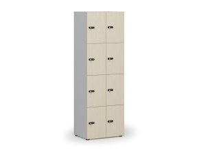 Dřevěná šatní skříňka s úložnými boxy, 8 boxů, mechanický kódový zámek, šedá/bříza