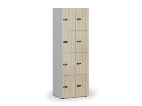Dřevěná šatní skříňka s úložnými boxy, 8 boxů, mechanický kódový zámek, šedá/dub přírodní