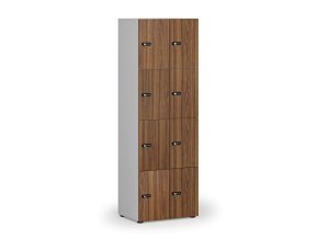 Dřevěná šatní skříňka s úložnými boxy, 8 boxů, mechanický kódový zámek, šedá/ořech
