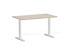Výškově nastavitelný stůl, 140x80 cm, 1 motor, bílá podnož, dub přírodní