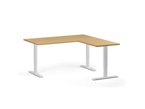 Rohový výškově nastavitelný stůl, 160x160 cm, 3 motory, L/P, bílá podnož, buk