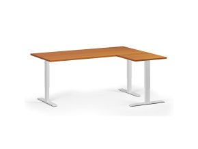 Rohový výškově nastavitelný stůl, 180x140 cm, 3 motory, L/P, bílá podnož, třešeň