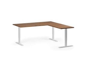 Rohový výškově nastavitelný stůl, 180x180 cm, 3 motory, L/P, bílá podnož, ořech