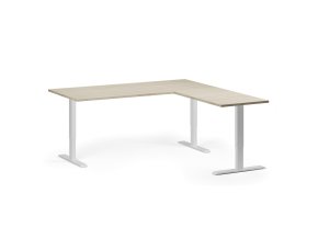Rohový výškově nastavitelný stůl, 180x180 cm, 3 motory, L/P, bílá podnož, dub přírodní