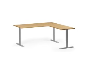 Rohový výškově nastavitelný stůl, 180x180 cm, 3 motory, L/P, šedá podnož, buk