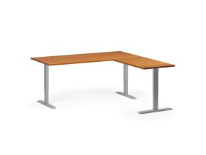 Rohový výškově nastavitelný stůl, 180x180 cm, 3 motory, L/P, šedá podnož, třešeň