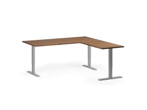 Rohový výškově nastavitelný stůl, 180x180 cm, 3 motory, L/P, šedá podnož, ořech