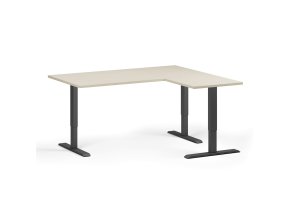 Rohový výškově nastavitelný stůl, 160x140 cm, 3 motory, L/P, černá podnož, bříza