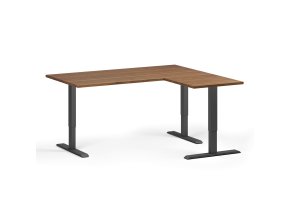 Rohový výškově nastavitelný stůl, 160x140 cm, 3 motory, L/P, černá podnož, ořech
