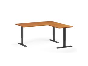 Rohový výškově nastavitelný stůl, 160x160 cm, 3 motory, L/P, černá podnož, třešeň