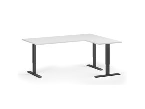 Rohový výškově nastavitelný stůl, 180x140 cm, 3 motory, L/P, černá podnož, bílá