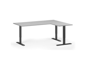 Rohový výškově nastavitelný stůl, 180x140 cm, 3 motory, L/P, černá podnož, šedá