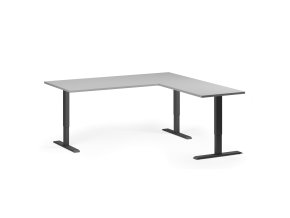Rohový výškově nastavitelný stůl, 180x180 cm, 3 motory, L/P, černá podnož, šedá