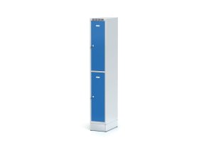 Kovová šatní skříňka s úložnými boxy na soklu, 2 boxy, 1920 x 300 x 500 mm, otočný zámek, modré dveře