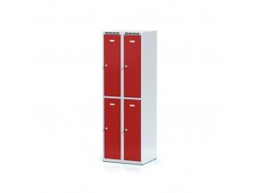 Kovová šatní skříňka s úložnými boxy, 4 boxy, červené dveře, cylindrický zámek