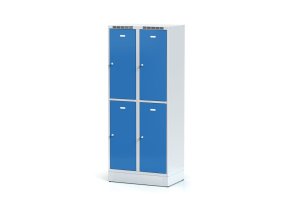 Šatní skříňka s úložnými boxy na soklu, 4 boxy, 1920 x 800 x 500 mm, cylindrický zámek, modré dveře