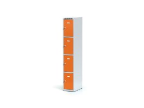 Šatní skříňka s úložnými boxy, 4 boxy, 1800 x 300 x 500 mm, cylindrický zámek, oranžové dveře