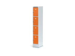Šatní skříňka s úložnými boxy na soklu, 4 boxy, 1920 x 300 x 500 mm, cylindrický zámek, oranžové dveře