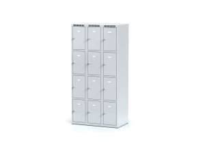 Šatní skříňka s úložnými boxy, 12 boxů, 1800 x 900 x 500 mm, otočný zámek, šedé dveře