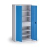 policova dilenska skrin na naradi kovos perforovany panel 5 polic 2 zasuvky 950 x 600 x 1950 mm modra 140057