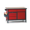 Dílenský pracovní stůl GD, 5 zásuvek, smrk + buková překližka, 5 zásuvek, 1 skříňka, 1190 x 600 x 850 mm, antracit / červená