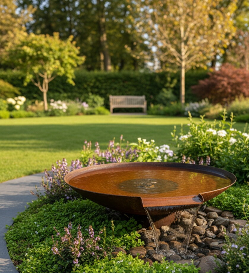 Zahradní fontána Supreme Star z cortenové oceli jako vodní prvek pro moderní zahradu