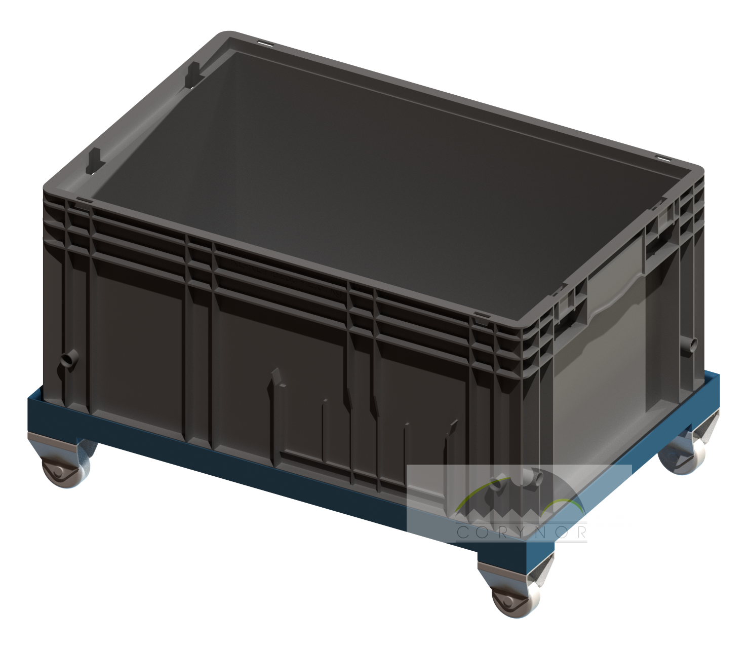 Modul průmyslového regálu na hutní materiál – vozík na KLT přepravku + KLT přepravka 600x400x280mm