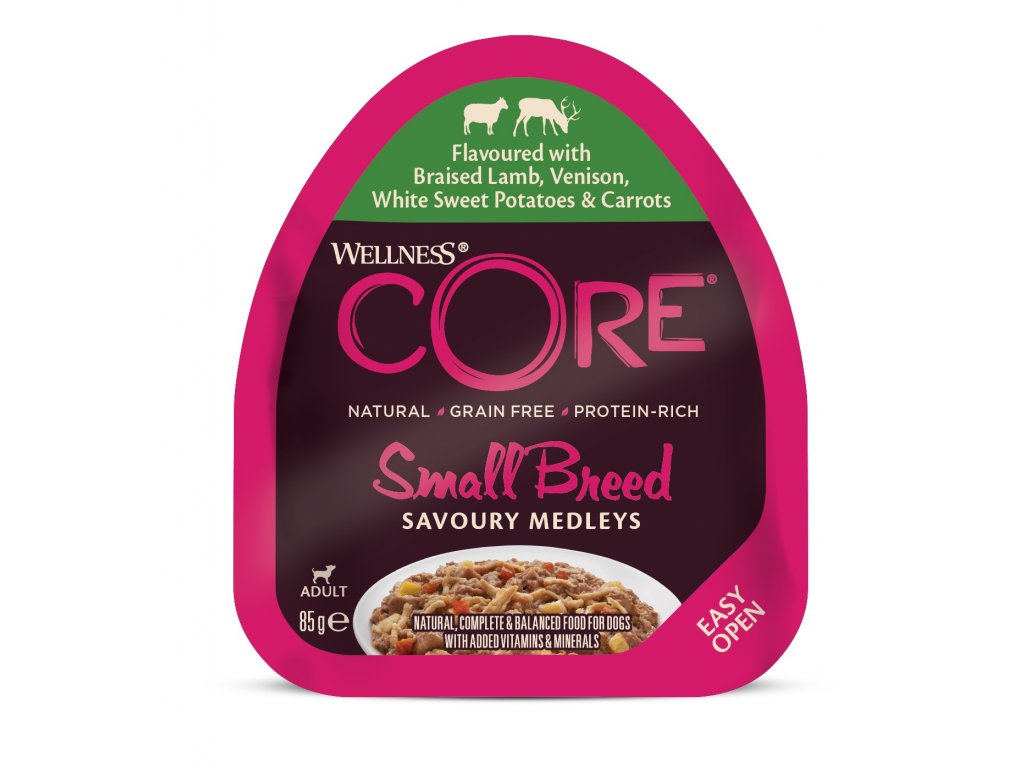 Wellness CORE Small Breed Savoury Medleys Flavoured with Braised Lamb, Venison, White Sweet Potatoes & Carrots 85g