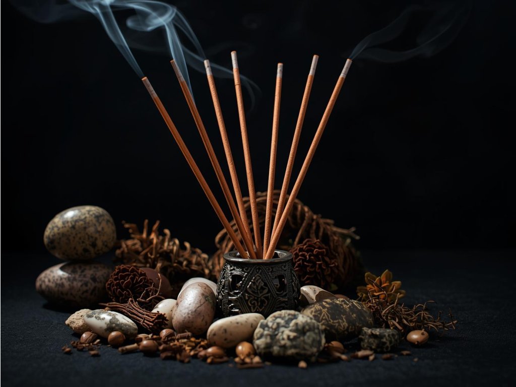 smoldering aromatic incense sticks in incense holder witchcraft herbs stones ritual dark theme