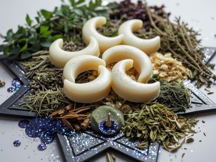Waxmelts crescent shape on a pile witchcraft herbs spell glitter pentacle (2)