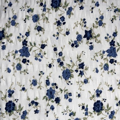 Dekorační látka bavlněný krep Modrá růže na bílé