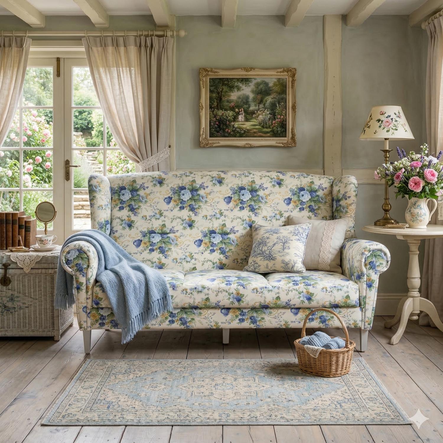 Originální nábytek s květovaným vzorem, romantický venkovský styl.