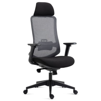 Kancelářská židle, černý plast, černá látka, 4D područky, kolečka pro tvrdé povrchy, houpací mechanika s polohovou aret.