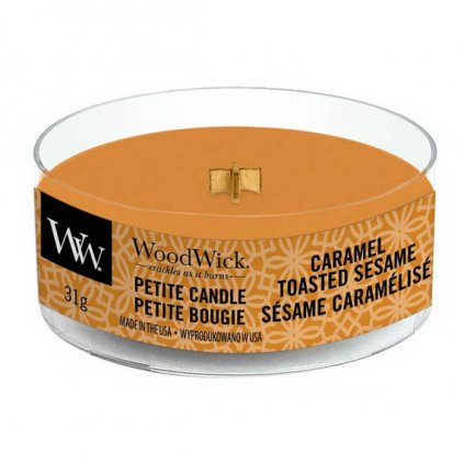 WoodWick - vonná svíčka Petite, Caramel Toasted Sesame (Opečený karamelový sezam) 31g