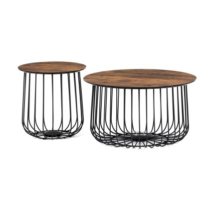 Set 2 ks stolků,pr60x34, pr37x39 cm, deska MDF, 3D dekor staré dřevo, kovová drátěná podnož, černý mat