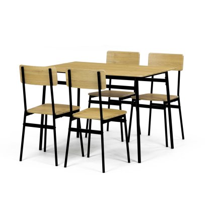 Jídelní set (1+4), MDF dekor divoký dub, čtyřnohá kovová podnož, černý matný lak