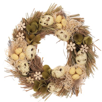 Věnec slaměný - průměr 30 cm, vajíčka, květy a lístky