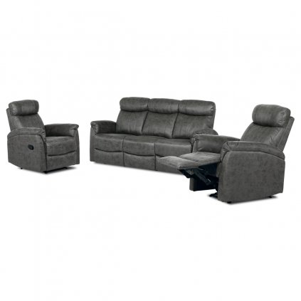 Relaxační sedačka 3+1+1, potah šedá látka v dekoru broušené kůže, funkce Relax I/II s aretací